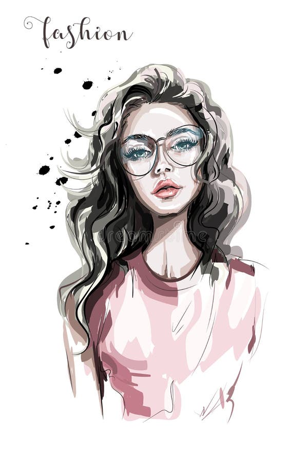 Beautiful young woman in eyeglasses. Fashion woman. Stylish girl with long hair. Sketch. Beautiful young woman in eyeglasses. Fashion woman. Stylish girl with long hair. Sketch.