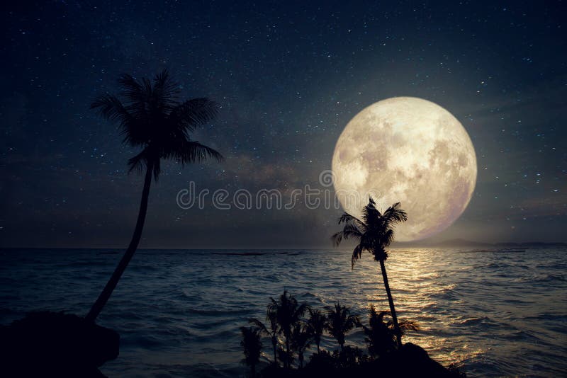 Artwork fantasy styles - Beautiful tropical beach with milky way star and full moon in night skies. Retro with vintage color tone Elements of this moon image furnished by NASA. Artwork fantasy styles - Beautiful tropical beach with milky way star and full moon in night skies. Retro with vintage color tone Elements of this moon image furnished by NASA