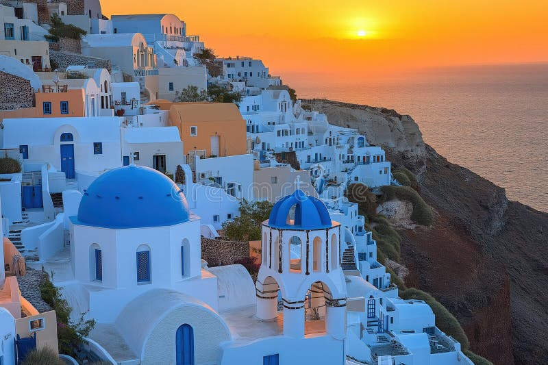 όμορφο ηλιοβασίλεμα πάνω από λευκά κτίρια με μπλε θόλους στη σαντορίνη ελλάδα να ρίχνει θερμές αντανακλάσεις στη θάλασσα ελεύθερη απεικόνιση δικαιώματος