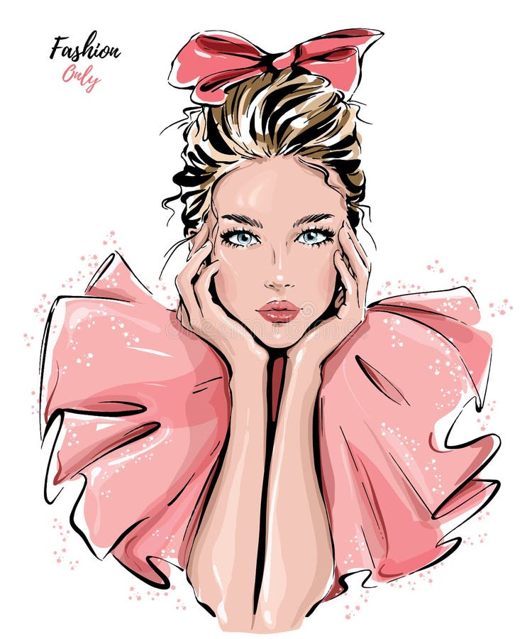 Beautiful girl with bow on her head. Fashion girl. Stylish blond hair woman. Vector illustration. Beautiful girl with bow on her head. Fashion girl. Stylish blond hair woman. Vector illustration.