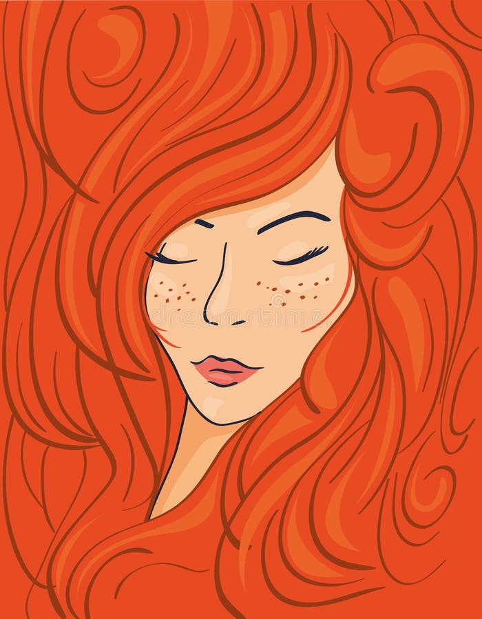 Beautiful face of a red-haired girl in thick wavy hair, vector illustration. Beautiful face of a red-haired girl in thick wavy hair, vector illustration