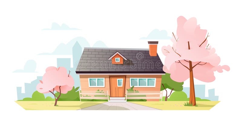 Cozy house amidst the pink flowering cherry trees. Green lawn surrounds the house. City buildings under sky with clouds in the background. Spring atmosphere. Flat cartoon style. Vector illustration. Cozy house amidst the pink flowering cherry trees. Green lawn surrounds the house. City buildings under sky with clouds in the background. Spring atmosphere. Flat cartoon style. Vector illustration