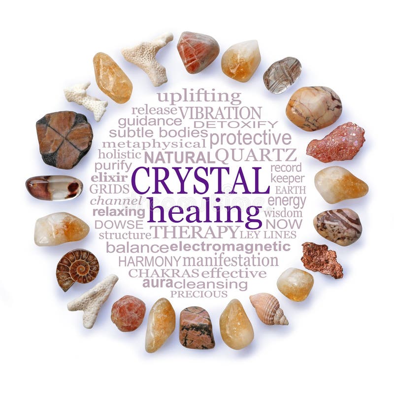 A circle of earth coloured crystals and sea shells framing a CRYSTAL HEALING word cloud on a white  background. A circle of earth coloured crystals and sea shells framing a CRYSTAL HEALING word cloud on a white  background