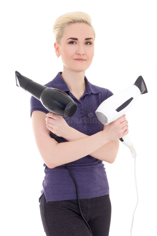Όμορφος στιλίστας τρίχας γυναικών με τα hairdryers που απομονώνεται στο λευκό στοκ φωτογραφία με δικαίωμα ελεύθερης χρήσης