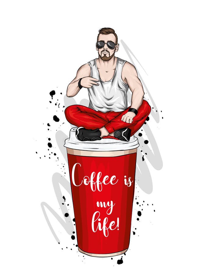 Όμορφος τύπος στα μοντέρνα ενδύματα Hipster r Ένα μεγάλο ποτήρι του καφέ r διανυσματική απεικόνιση Όμορφος τύπος στα μοντέρνα ενδύματα Hipster r Ένα μεγάλο ποτήρι του καφέ r διανυσματική απεικόνιση