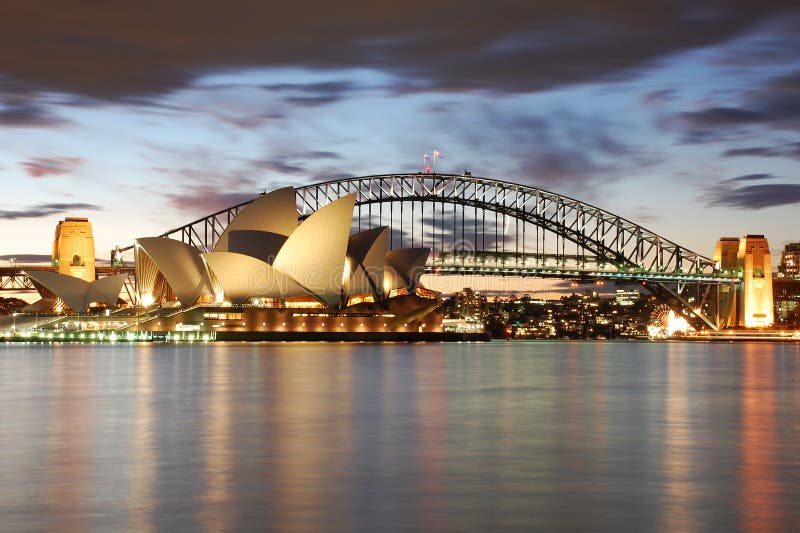 Sydney Opera House with Harbour Bridge at night detail. Sydney Opera House with Harbour Bridge at night detail