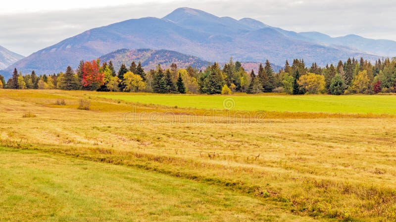 Mount Marcy and Adirondack Mountain high peaks area, Marcy Field at Adirondack Lodge entrance, Lake Placid New York, Autumn colors and tree line. Mount Marcy and Adirondack Mountain high peaks area, Marcy Field at Adirondack Lodge entrance, Lake Placid New York, Autumn colors and tree line