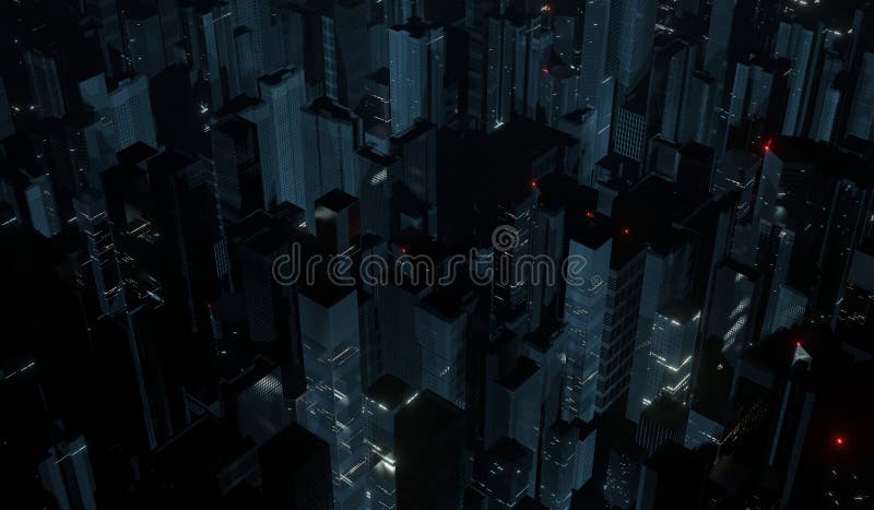 όψη scfi city aerial. ουρανοξύστης με πολλά λαμπερά φώτα από τα led και διαφημιστικά σήματα απεικόνιση αποθεμάτων