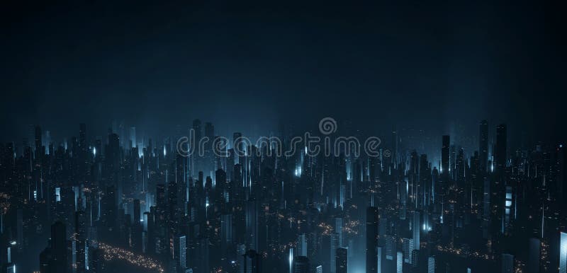 όψη scfi city aerial. ουρανοξύστης με πολλά λαμπερά φώτα από τα led και διαφημιστικά σήματα απεικόνιση αποθεμάτων
