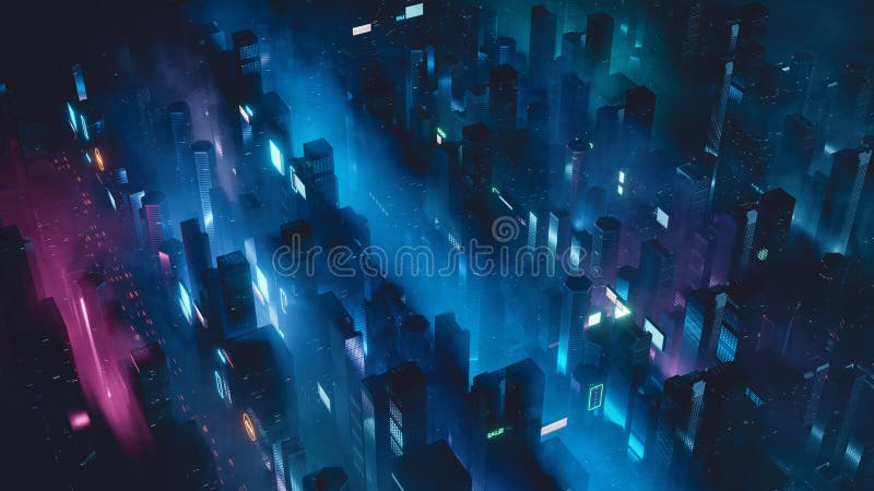 όψη scfi city aerial. ουρανοξύστης με πολλά λαμπερά φώτα από τα led και διαφημιστικά σήματα. 3δ απόδοση της δορυφορικής προβολής της πόλης. για φόντο προϊόντων ταπετσαρίας.