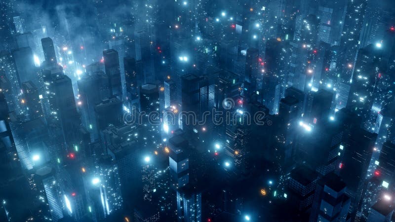 όψη scfi city aerial. ουρανοξύστης με πολλά λαμπερά φώτα από τα led και διαφημιστικά σήματα ελεύθερη απεικόνιση δικαιώματος
