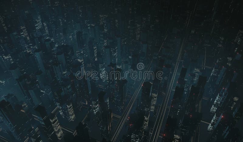 όψη scfi city aerial. ουρανοξύστης με πολλά λαμπερά φώτα από τα led και διαφημιστικά σήματα ελεύθερη απεικόνιση δικαιώματος