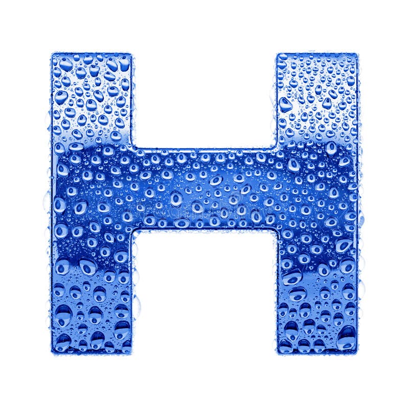 Blue ice alphabet symbol - letter H. Water splashes and drops on glossy metal. Isolated on white. Blue ice alphabet symbol - letter H. Water splashes and drops on glossy metal. Isolated on white