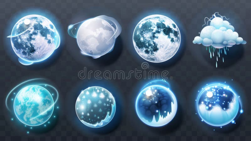 Realistic weather meteo icons set isolated on transparent background. Elements include sun, moon, clouds with snow and rain, thunderstorm with lightning and more.. AI generated. Realistic weather meteo icons set isolated on transparent background. Elements include sun, moon, clouds with snow and rain, thunderstorm with lightning and more.. AI generated