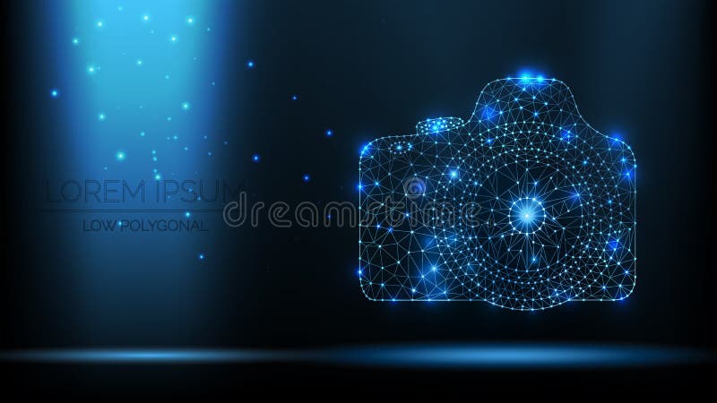 Абстрактная камера фото wireframe SLR вектора современная иллюстрация 3d на темно-синей предпосылке Низкое полигональное искусств иллюстрация штока Абстрактная камера фото wireframe SLR вектора современная иллюстрация 3d на темно-синей предпосылке Низкое полигональное искусств иллюстрация штока