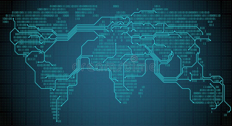 Абстрактная карта мира с цифровыми бинарными континентами, городами и соединениями в форме платы с печатным монтажом иллюстрация вектора Абстрактная карта мира с цифровыми бинарными континентами, городами и соединениями в форме платы с печатным монтажом иллюстрация вектора
