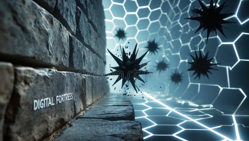 Абстрактное изображение цифровой безопасности с каменной стеной с текстом Digital Fortress. иллюстрация штока