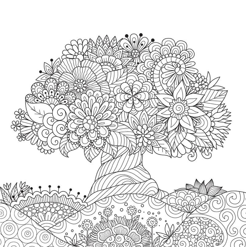 Abstract beautiful tree for design element and adult coloring book page. Vector illustration. Abstract beautiful tree for design element and adult coloring book page. Vector illustration