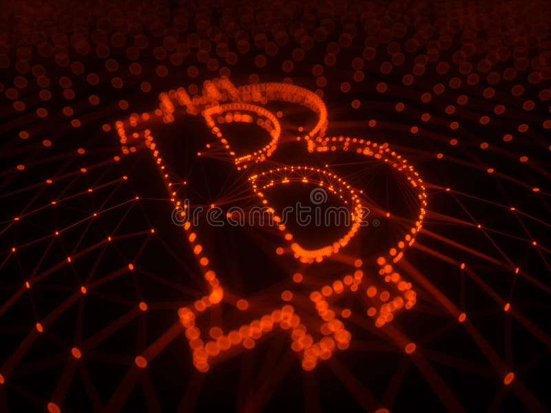 Абстрактный красный знак Bitcoin построенный как массив сделок в иллюстрации 3d Blockchain схематической стоковые изображения Абстрактный красный знак Bitcoin построенный как массив сделок в иллюстрации 3d Blockchain схематической стоковые изображения