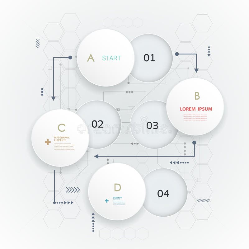 Abstract 3D white paper circle. Simply infographic step by step template design. Vector can be used for workflow layout, diagram, number options, web design. Blank paper circle on light grey color circuit board background. Abstract 3D white paper circle. Simply infographic step by step template design. Vector can be used for workflow layout, diagram, number options, web design. Blank paper circle on light grey color circuit board background.