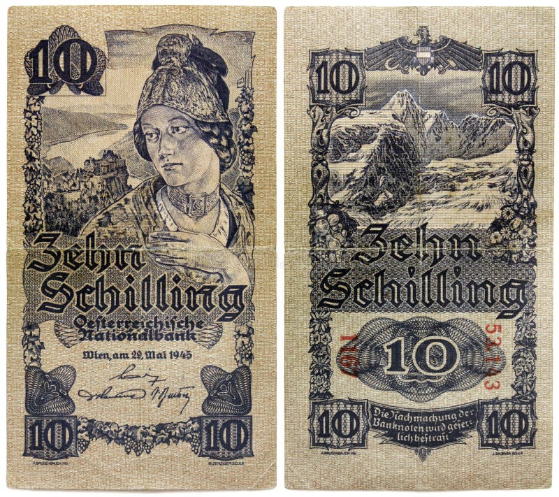 AUSTRIA - CIRCA 1945: withdrawn from circulation old Austrian 10 Shilling banknote issued by Austrian Bank, circa 1945. AUSTRIA - CIRCA 1945: withdrawn from circulation old Austrian 10 Shilling banknote issued by Austrian Bank, circa 1945.