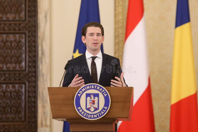 BUCHAREST, ROMANIA - December 21, 2018: Austrian Chancellor Sebastian Kurz talks at a news conference with Romania`s President Klaus Iohannis not in picture at Cotroceni presidential palace in Bucharest. BUCHAREST, ROMANIA - December 21, 2018: Austrian Chancellor Sebastian Kurz talks at a news conference with Romania`s President Klaus Iohannis not in picture at Cotroceni presidential palace in Bucharest