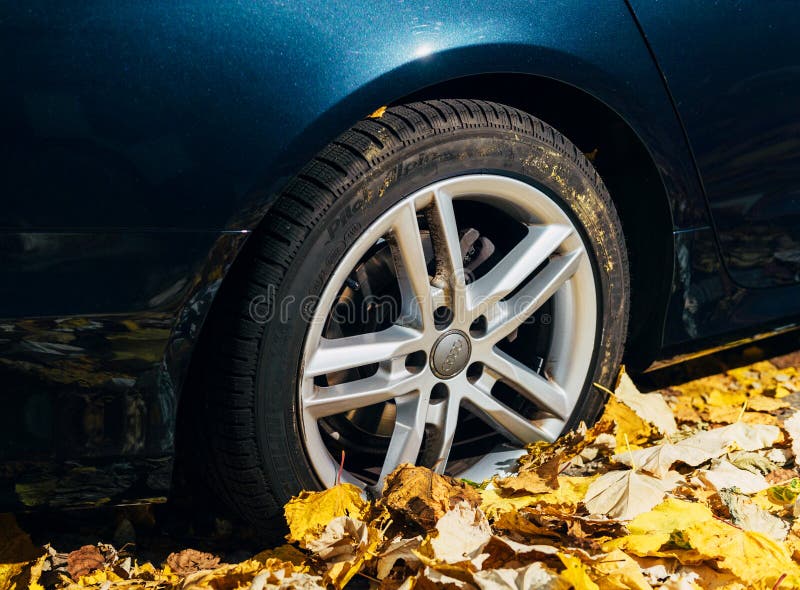 Автомобиль Alpin пилота Michelin в автошине листвы осени стоковые фото Автомобиль Alpin пилота Michelin в автошине листвы осени стоковые фото