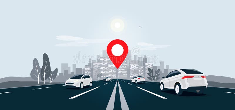 Автомобили на перспективном горизонте с картой Pointer City Skyline Highway View иллюстрация вектора Автомобили на перспективном горизонте с картой Pointer City Skyline Highway View иллюстрация вектора