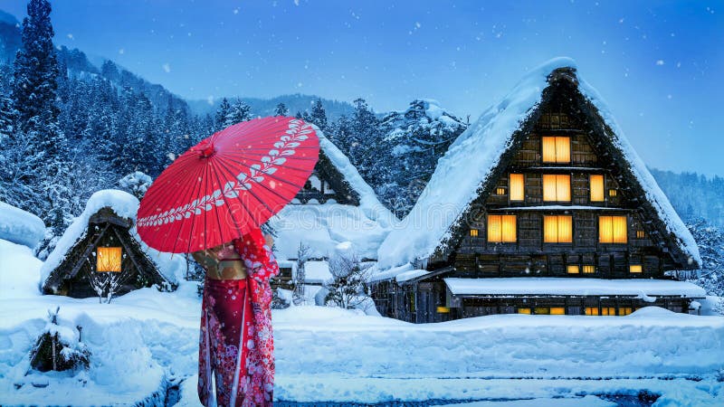 Азиатская женщина нося японское традиционное кимоно на Shirakawa-идет деревня в зиме, места всемирного наследия ЮНЕСКО, Япония стоковые фото