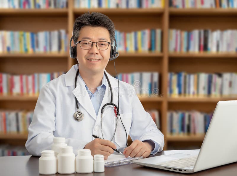 Азиатский доктор который удаленно советует с с пациентом Концепция Telehealth стоковое фото rf Азиатский доктор который удаленно советует с с пациентом Концепция Telehealth стоковое фото rf