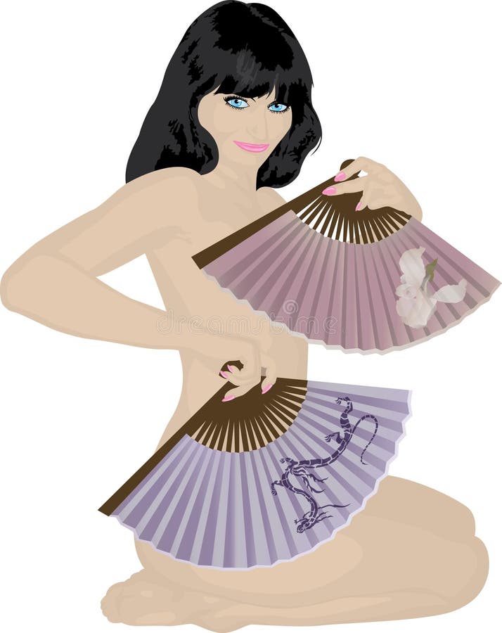 The beautiful nude brunette with the Asian fans illustration for web. The beautiful nude brunette with the Asian fans illustration for web