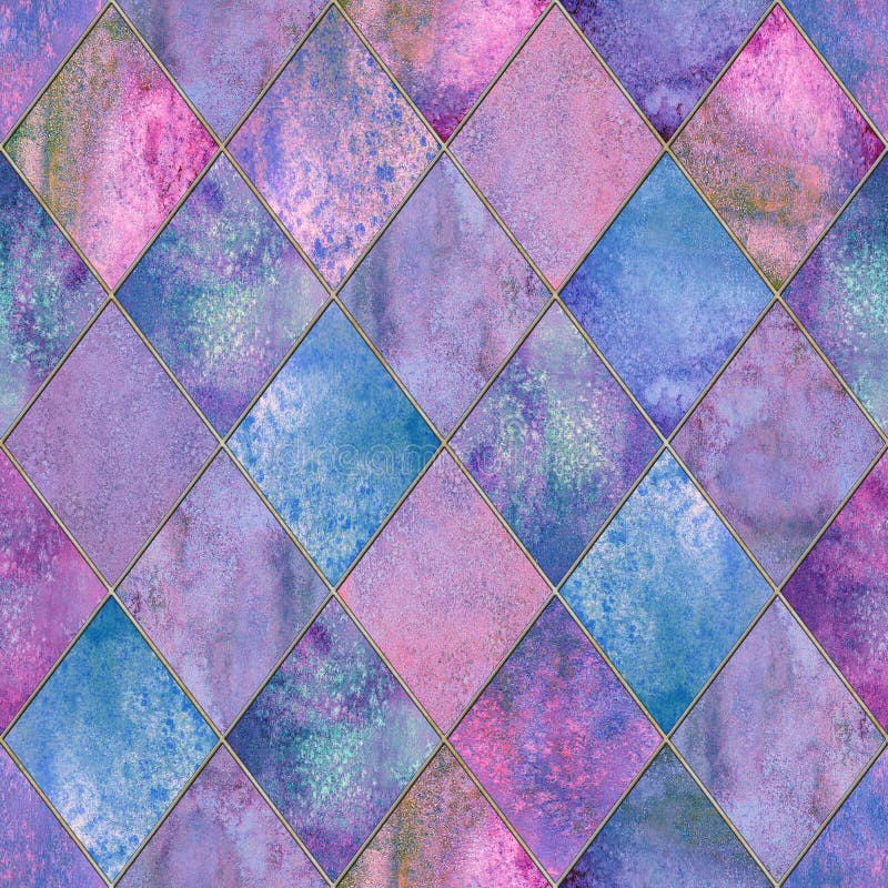 Watercolor argyle abstract geometric plaid seamless pattern with gold glitter contour. Watercolour hand drawn colorful pink purle blue textured background. Print for stained glass window. Watercolor argyle abstract geometric plaid seamless pattern with gold glitter contour. Watercolour hand drawn colorful pink purle blue textured background. Print for stained glass window