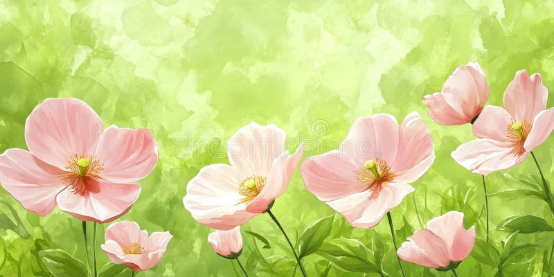 Акварель Tranquil Bloom Иллюстрация изысканных розовых цветов на тихом зеленом фоне иллюстрация штока