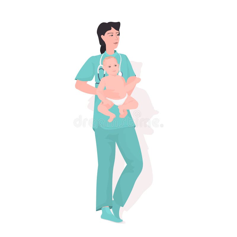 female doctor midwife in uniform holding newborn baby medical maternity hospital clinic worker with little child medicine healthcare midwifery concept full length vector illustration. female doctor midwife in uniform holding newborn baby medical maternity hospital clinic worker with little child medicine healthcare midwifery concept full length vector illustration