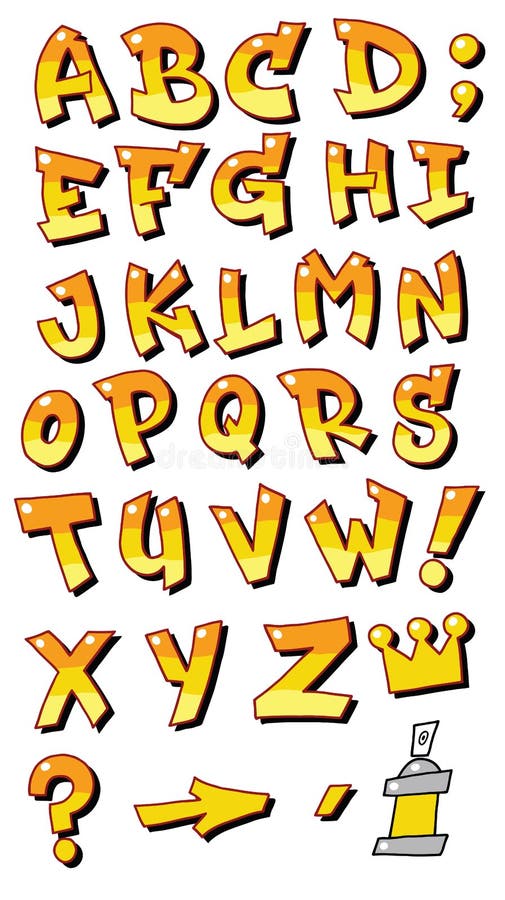 Vector isolated yellow orange graffiti fonts letters alphabet for design logos. Vector isolated yellow orange graffiti fonts letters alphabet for design logos