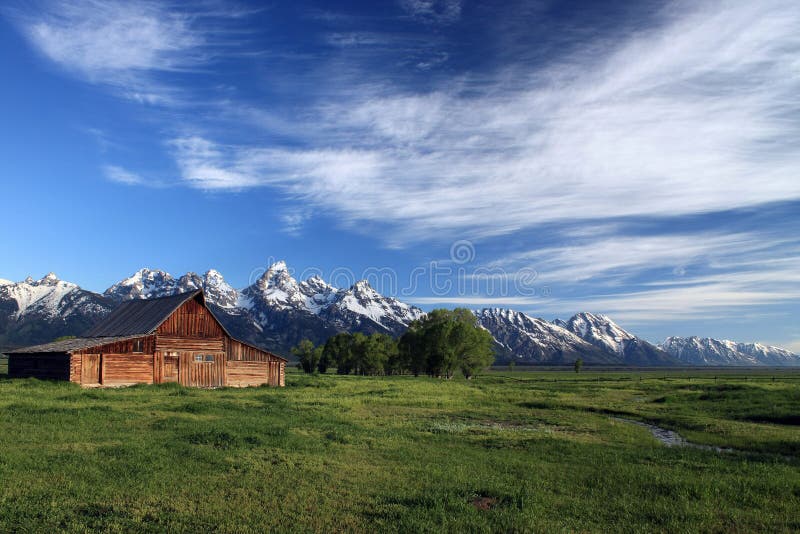 Horizontal view of Moran Barn in Grand Teton National Park in Wyoming on early spring morning. Horizontal view of Moran Barn in Grand Teton National Park in Wyoming on early spring morning