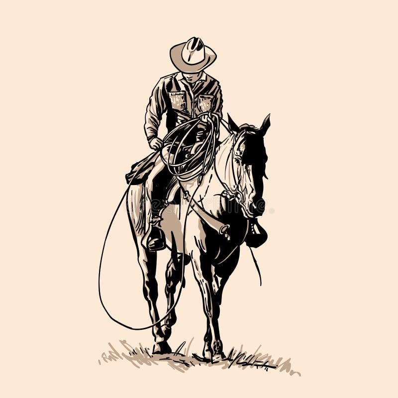 American cowboy riding horse and throwing lasso. Hand drawn vector illustration. Hand sketch. Illustration. American cowboy riding horse and throwing lasso. Hand drawn vector illustration. Hand sketch. Illustration.