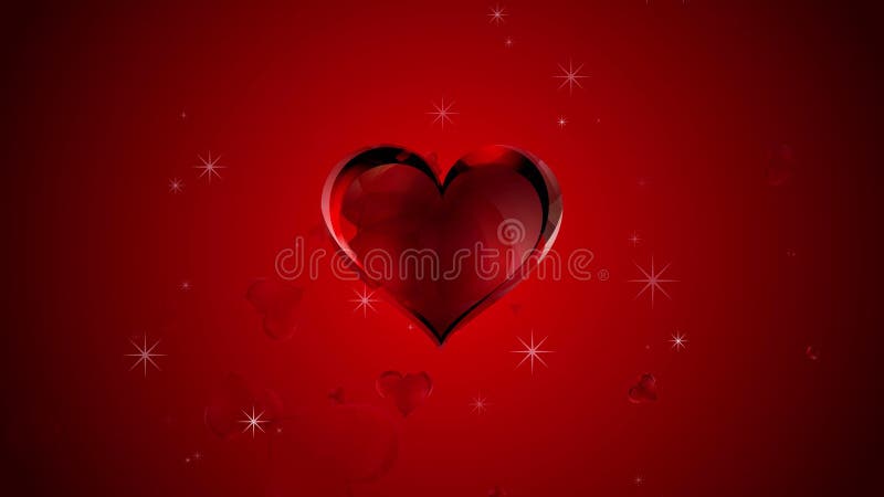 Анимация дня Валентайн, красная предпосылка с вращая сердцами и сверкнает и большое сердце poping вверх и сползая к