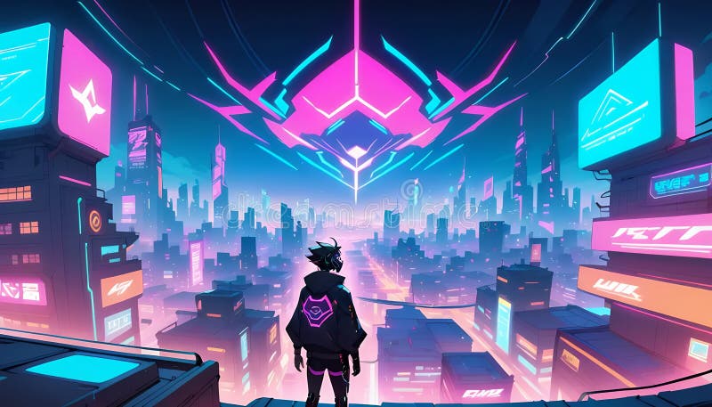 Анимированный Cyberpunk Cityscape в ночное время : Неоновое освещение и голографические конструкции иллюстрация штока