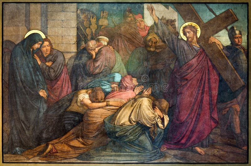 Антверпен - Иисус встречает женщин Jerusalems. Фреска в церков Joriskerk или St. George от. цента 19. стоковое изображение rf Антверпен - Иисус встречает женщин Jerusalems. Фреска в церков Joriskerk или St. George от. цента 19. стоковое изображение rf