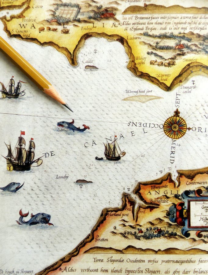 Exotic tourism and travels faraway theme - An image of a brown pencil pointing to an old antique sea map or nautical chart showing a compass rose, sailing ships, sea creatures like whales and sharks. Vertical color format. Concept picture for adventures, seafaring, travel and historic maritime themes. Exotic tourism and travels faraway theme - An image of a brown pencil pointing to an old antique sea map or nautical chart showing a compass rose, sailing ships, sea creatures like whales and sharks. Vertical color format. Concept picture for adventures, seafaring, travel and historic maritime themes.