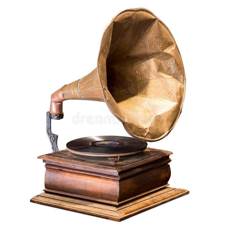 Antique gramophone vinyl record player on white background with clipping path. Antique gramophone vinyl record player on white background with clipping path