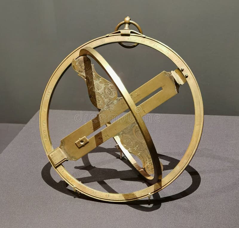 Античный Универсал Экваториального кольца Sundial выгравированный Луи Chapotot Париж Армиллари Сфера Астрология Космос Погода Клим стоковое изображение rf
