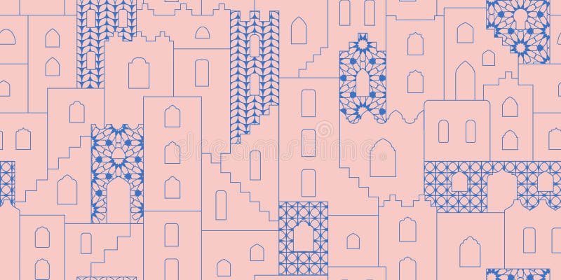 арабский стиль cityscape бесшовный узор. геометрическая форма в стиле марокканских объектов. иллюстрация штока