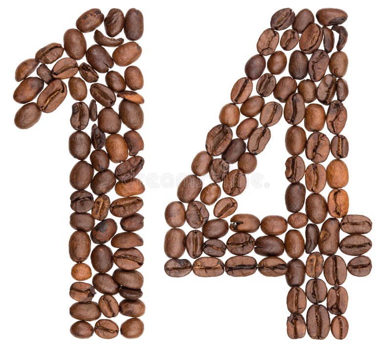 Arabic numeral 14, fourteen, from coffee beans, isolated on white background. Arabic numeral 14, fourteen, from coffee beans, isolated on white background