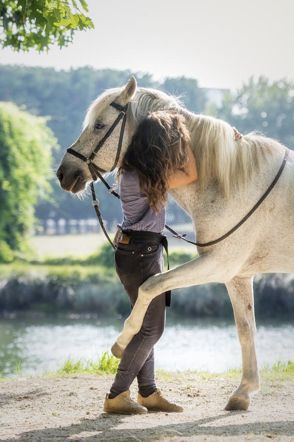 Аравийская лошадь обнимая его владельца Ирен Gefaell показывая естественный dressage в парке в Понтеведре, Испании, в августе 201 стоковая фотография Аравийская лошадь обнимая его владельца Ирен Gefaell показывая естественный dressage в парке в Понтеведре, Испании, в августе 201 стоковая фотография