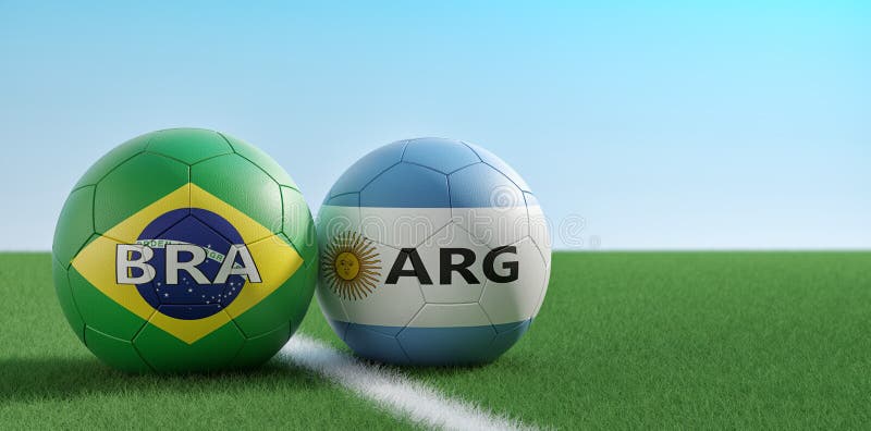 Аргентина против Футбольный матч Бразилии - футбольные мячи в цветах Argentinas и Бразилии национальных на футбольном поле бесплатная иллюстрация Аргентина против Футбольный матч Бразилии - футбольные мячи в цветах Argentinas и Бразилии национальных на футбольном поле бесплатная иллюстрация