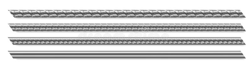 Metal rod, steel reinforced rebar. Vector realistic set of construction armature, smooth and deformed iron bars for buiding, cage, rack or prison grate. Stainless fittings isolated on white background. Metal rod, steel reinforced rebar. Vector realistic set of construction armature, smooth and deformed iron bars for buiding, cage, rack or prison grate. Stainless fittings isolated on white background