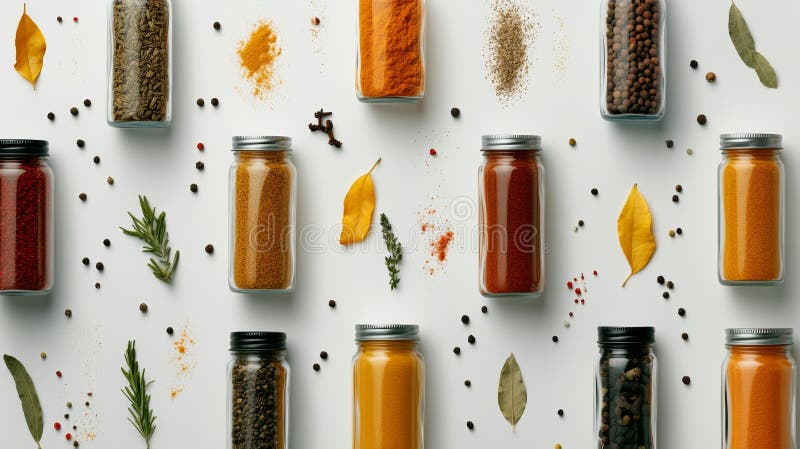 Ароматические специи и травы исследовать красочную коллекцию вкусов в баночках повышения кулинарных впечатлений иллюстрация вектора