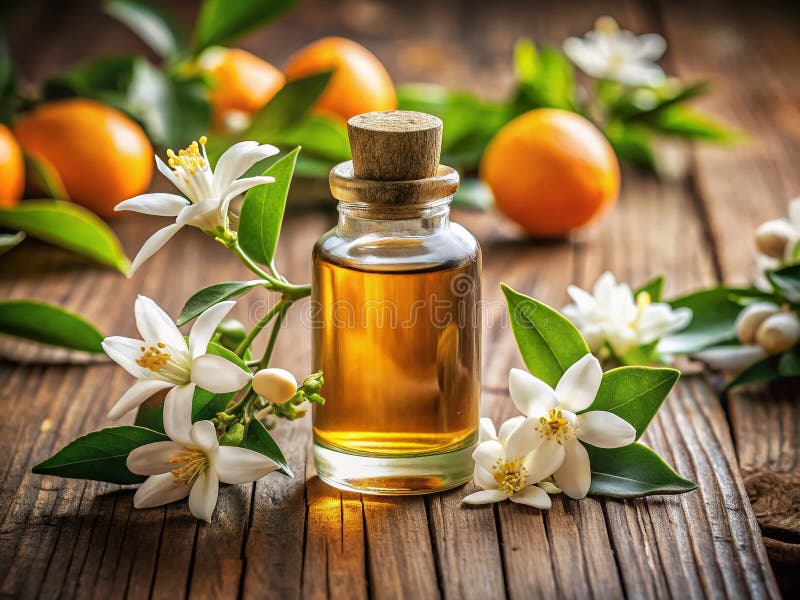 Ароматическое масло Neroli Essential и блоссомы на дереве Rustic. Ароматный цветочный дисплей для расслабления иллюстрация вектора